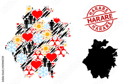 Rubber Harare stamp seal, and spring demographics syringe mosaic map of Zhejiang Province. Red round seal contains Harare title inside circle. Map of Zhejiang Province mosaic is organized with cold,