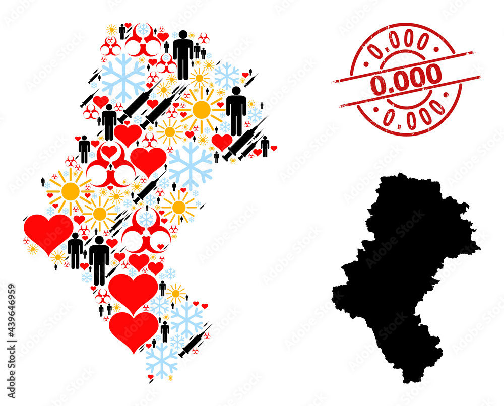 Grunge 0.000 stamp, and lovely patients infection treatment mosaic map of Silesia Province. Red round stamp has 0.000 title inside circle. Map of Silesia Province mosaic is done with frost, weather,