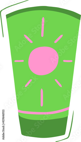 Vector drawing of a green tube of sunburn cream on the sun for travel or vacation