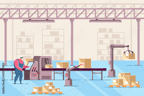 Man managing conveyor in warehouse flat vector illustration. Male worker working with line of automatic box packing. Guy in room with digital machines. Factory, automation manufacture process concept