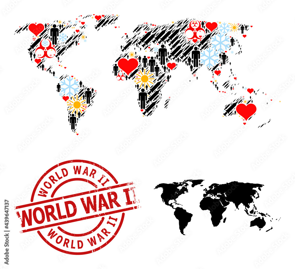 Scratched World War Ii stamp, and heart men syringe collage map of world. Red round stamp seal includes World War Ii tag inside circle. Map of world collage is created with snow, spring, lovely,