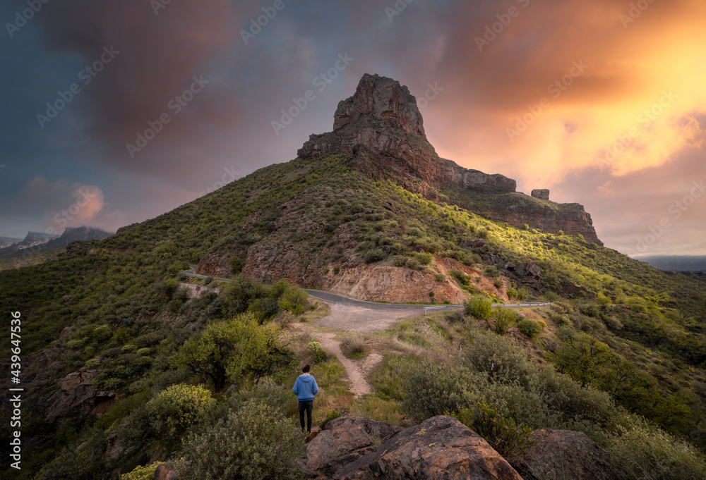 young man walks on the top of Gran Canaria at sunset. Landscape