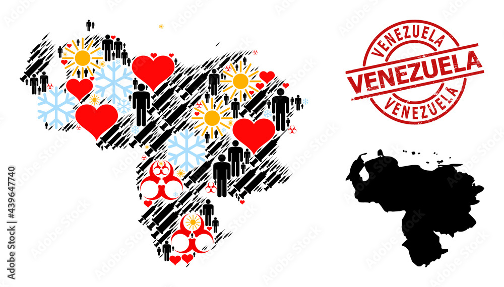 Distress Venezuela seal, and heart man vaccine mosaic map of Venezuela. Red round seal has Venezuela text inside circle. Map of Venezuela mosaic is created from snow, sun, love, humans, vaccine,