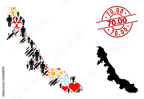 Rubber 70.00 seal, and sunny population infection treatment mosaic map of Veracruz State. Red round stamp has 70.00 title inside circle. Map of Veracruz State mosaic is created from cold, sunny, love,