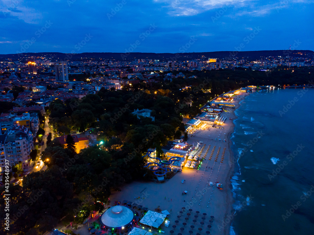Panoramic view of the beach in Varna in Bulgaria. Summer holiday in Europe. Aerial evening photography, drone view.