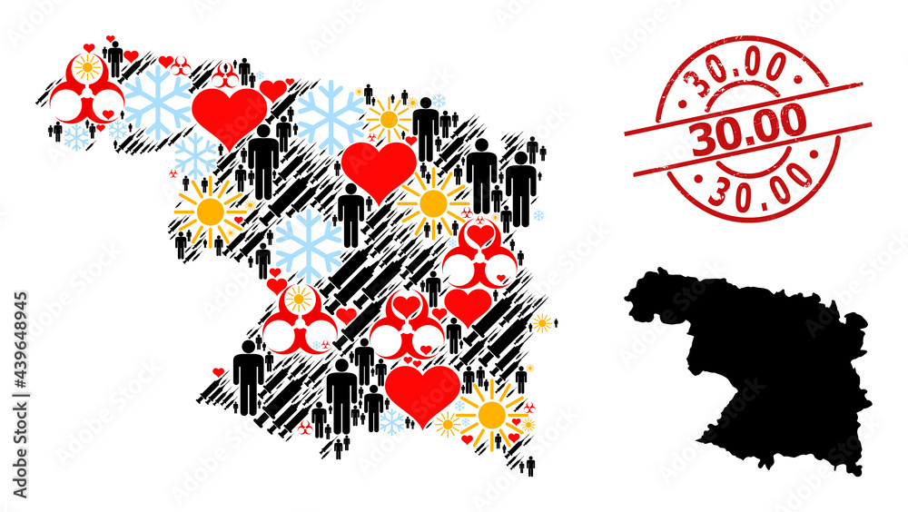 Grunge 30.00 badge, and spring humans inoculation collage map of Zamora Province. Red round badge has 30.00 caption inside circle. Map of Zamora Province collage is done with snow, spring, love, man,