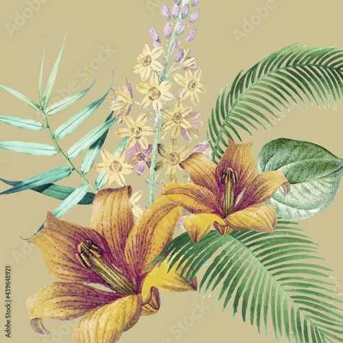 flores tropicais verde e amarelo dourado 