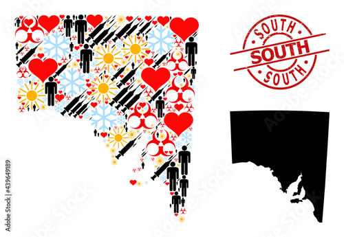 Rubber South stamp seal, and spring people inoculation collage map of South Australia. Red round stamp contains South caption inside circle. Map of South Australia collage is created of winter,