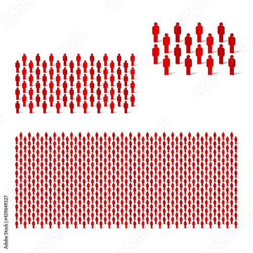 Small, medium and large human crowd. Stick figure red simple icons. Vector illustration