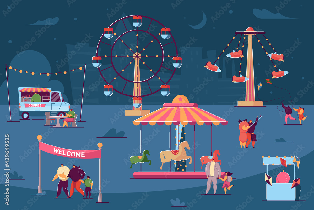 Fototapeta Tiny characters walking in fun fair at night. Salesmen selling food and products in stalls and booths. People in casual clothes flying kites. Night city in background. Market, theme park concept
