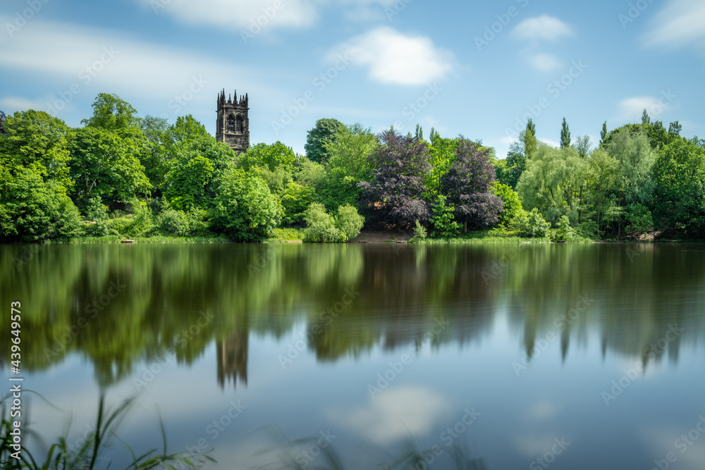 St Mary's Church, Lymm standing over Lymm Dam in Cheshire, England