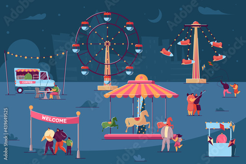 Tiny characters walking in fun fair at night. Salesmen selling food and products in stalls and booths. People in casual clothes flying kites. Night city in background. Market, theme park concept