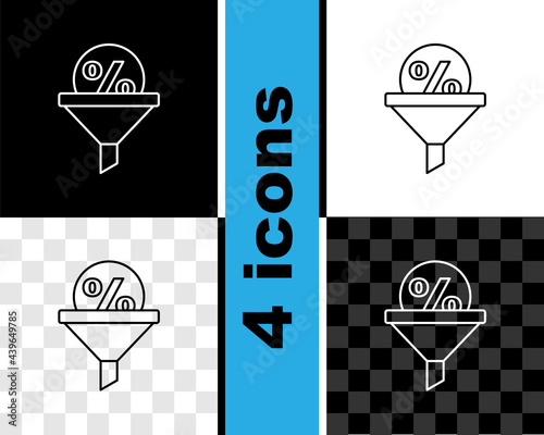 Set line Lead management icon isolated on black and white, transparent background. Funnel with discount percent. Target client business concept. Vector