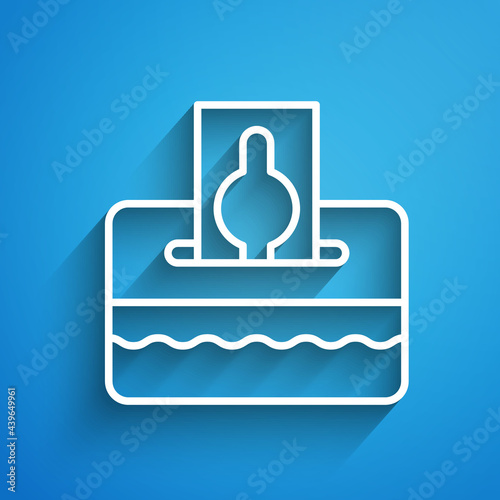 White line Donate or pay your zakat as muslim obligatory icon isolated on blue background. Muslim charity or alms in ramadan kareem before eid al-fir. Long shadow. Vector