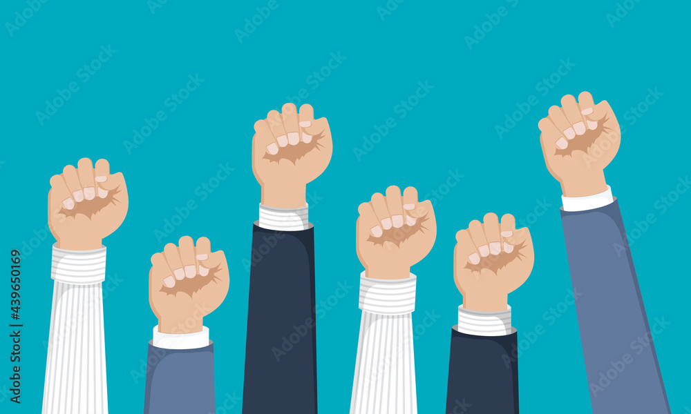 Fist in the air white background, revolution and protest concept, demanding crowd. Flat vector illustration Fist in the air white background, revolution and protest concept, demanding crowd. Flat vector illustration