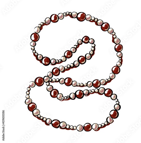 Beautiful red beads, in the form of a necklace with pearls. They lie carelessly on the table. Illustration in the style of fashion sketch by hand.