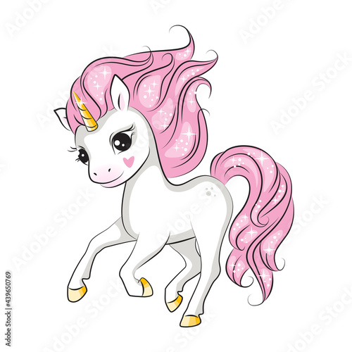 Beautiful illustration of cute little smiling unicorn with pink mane running. Isolated.Beautiful picture for your design.  