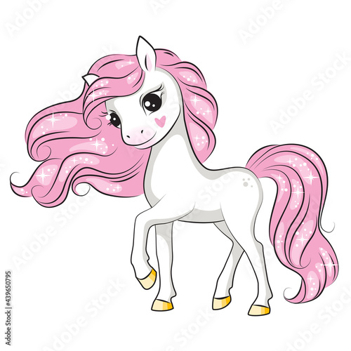 Beautiful illustration of cute little smiling unicorn with pink mane. Isolated.Beautiful picture for your design.  