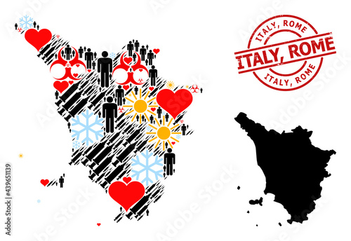 Rubber Italy, Rome stamp, and heart man inoculation mosaic map of Tuscany region. Red round seal includes Italy, Rome text inside circle. Map of Tuscany region mosaic is made from frost, spring,
