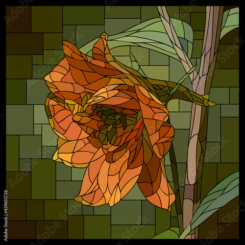 Vector square mosaic with the flower of blooming orange delphinium in stained glass window.