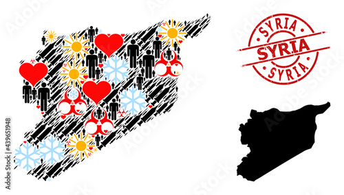 Textured Syria stamp seal, and sunny humans vaccine collage map of Syria. Red round stamp seal includes Syria tag inside circle. Map of Syria collage is created from winter, spring, love, humans,