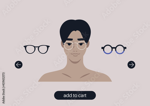 Virtual glasses try on tool, a young male Asian character portrait wearing different frames