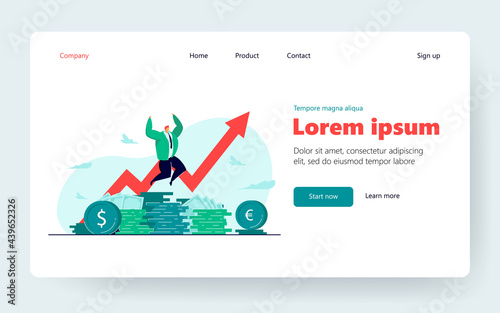 Millionaire happy about income growth. Broker celebrating stock shares climbed. Vector illustration for finance, rich banker, trading success concept