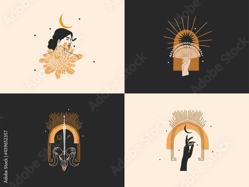 Hand drawn vector abstract stock graphic illustration with logo elements collection bundle set,magic line art of crescent,moon phase and star in simple style for branding,isolated on color background