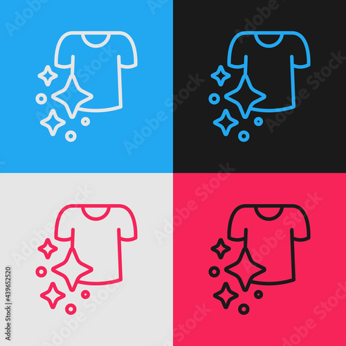 Pop art line Drying clothes icon isolated on color background. Clean shirt. Wash clothes on a rope with clothespins. Clothing care and tidiness. Vector