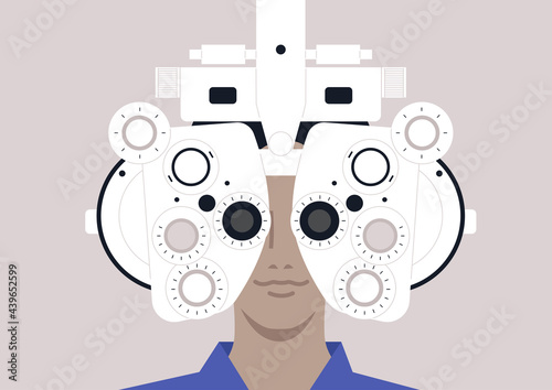 Modern optometrist equipment, a young male character checking their eyesight health