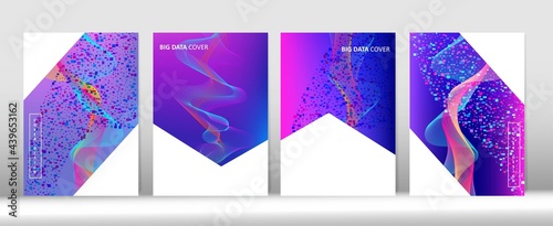 Minimal Covers Set. Big Data Tech Neon Background. 3D Fluid Shapes Music Cover Template.
