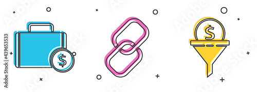 Set Briefcase and money, Chain link and Lead management icon. Vector