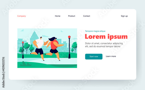 Happy cartoon couple doing jogging together in summer city park. Flat vector illustration. Athlete people running, doing sport, enjoying fitness, living healthy lifestyle. Sport, health, hobby concept