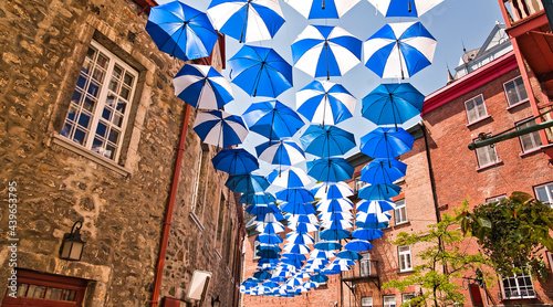 Lot of Umbrellas in Petit Champlain street Quebec city Canada photo