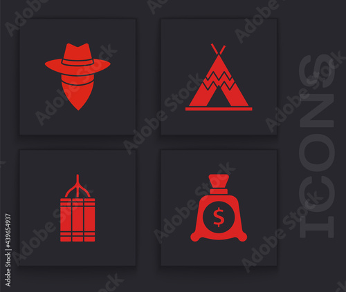Set Money bag, Cowboy, Indian teepee or wigwam and Dynamite bomb icon. Vector