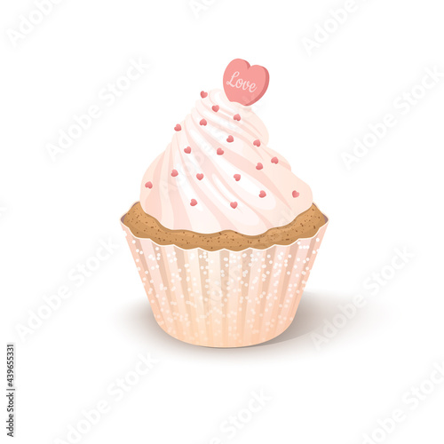Vector illustration valentine cupcake with pink whipped cream  heart and confectionery sprinkles on white background. Isolated clipart with one sweet cake