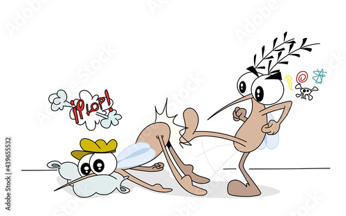 Cute funny angry mosquito character kicking another and waking him up while he was sleeping. Humorous cartoon style vector illustration.