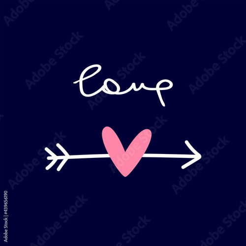 Heart with arrow and handwritten text Love. Drawn by hand. Romantic vector illustration.