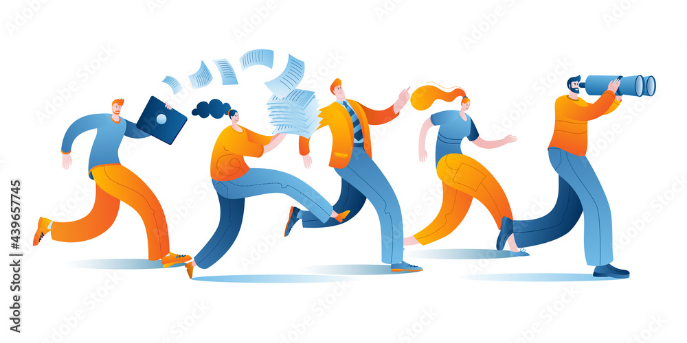 The manager with binoculars leads the department. The concept of a vector illustration in a flat style on the theme of teamwork and leadership.