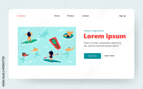 Crowd of people in sea or ocean. People playing, swimming, surfing, sunbathing flat vector illustration. Summer resort, vacation, water activity concept for banner, website design or landing web page