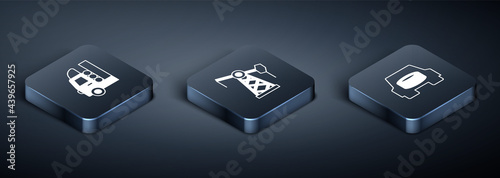 Set Isometric Gas tank for vehicle, Spare wheel in the car and Oil pump pump jack icon. Vector