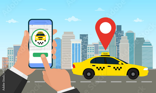 Taxi mobile app concept. Hand holding smartphone with taxi application. City landscape. Vector illustration web banner.