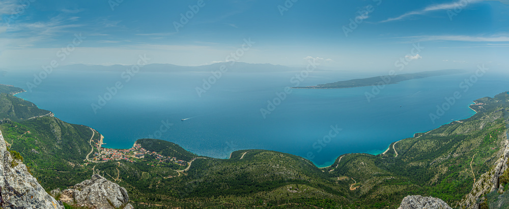 Panorama of city Drvenik, peninsula Peljesac and island Hvar in the background.View from Rilic mountain.  South Dalmatia, Croatia.