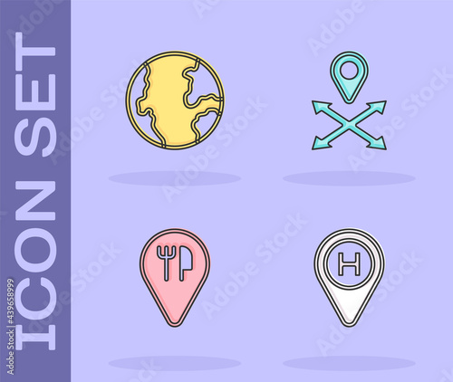 Set Helicopter landing pad, Earth globe, Cafe restaurant location and Location icon. Vector