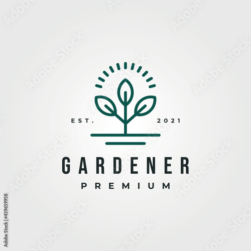 line art gardener logo vector symbol design, plant ant sunburst illustration design