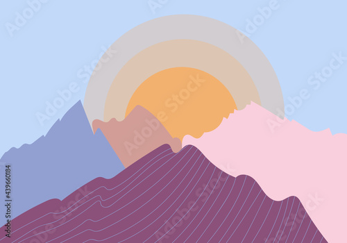 Vector illustration of a mountain landscape at sunrise in a minimalist style. Geometric landscape background in asian japanese style. Abstract symbol for print, poster, sticker, card design. 