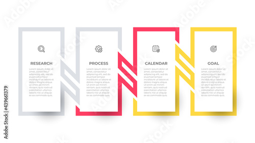 Business infographic rectangle template design with icons and process lines connection. Vector illustration with 4 options or steps.