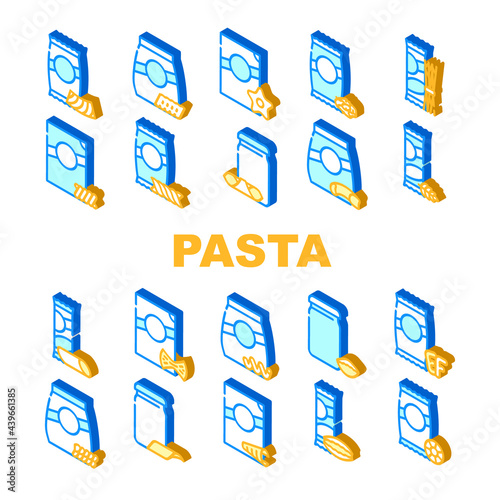 Pasta Food Package Collection Icons Set Vector. Gnocchetti Sardi And Rigatoni, Fusilli And Farfalle, In Spiral Form And Alphabet Shape Pasta Color Illustrations