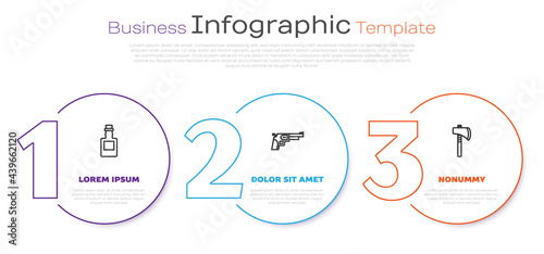 Set line Tequila bottle, Revolver gun and Tomahawk axe. Business infographic template. Vector