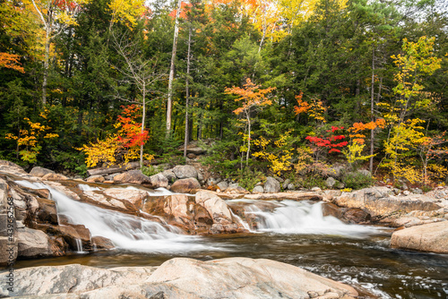 Small waterfall in a forest on a sunny autumn day. Autumn colours. 